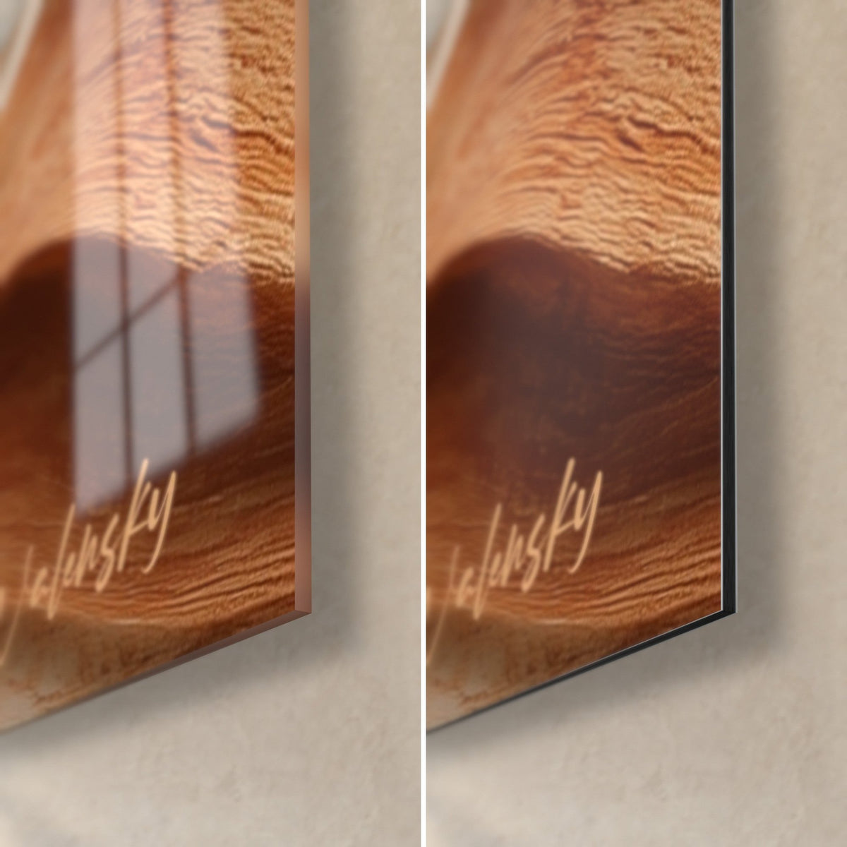 Tableau vagues sculptées orange cuivré et crème, coin bas droit : verre acrylique brillant reflétant la fenêtre, Dibond mat noir, tranche 3 mm