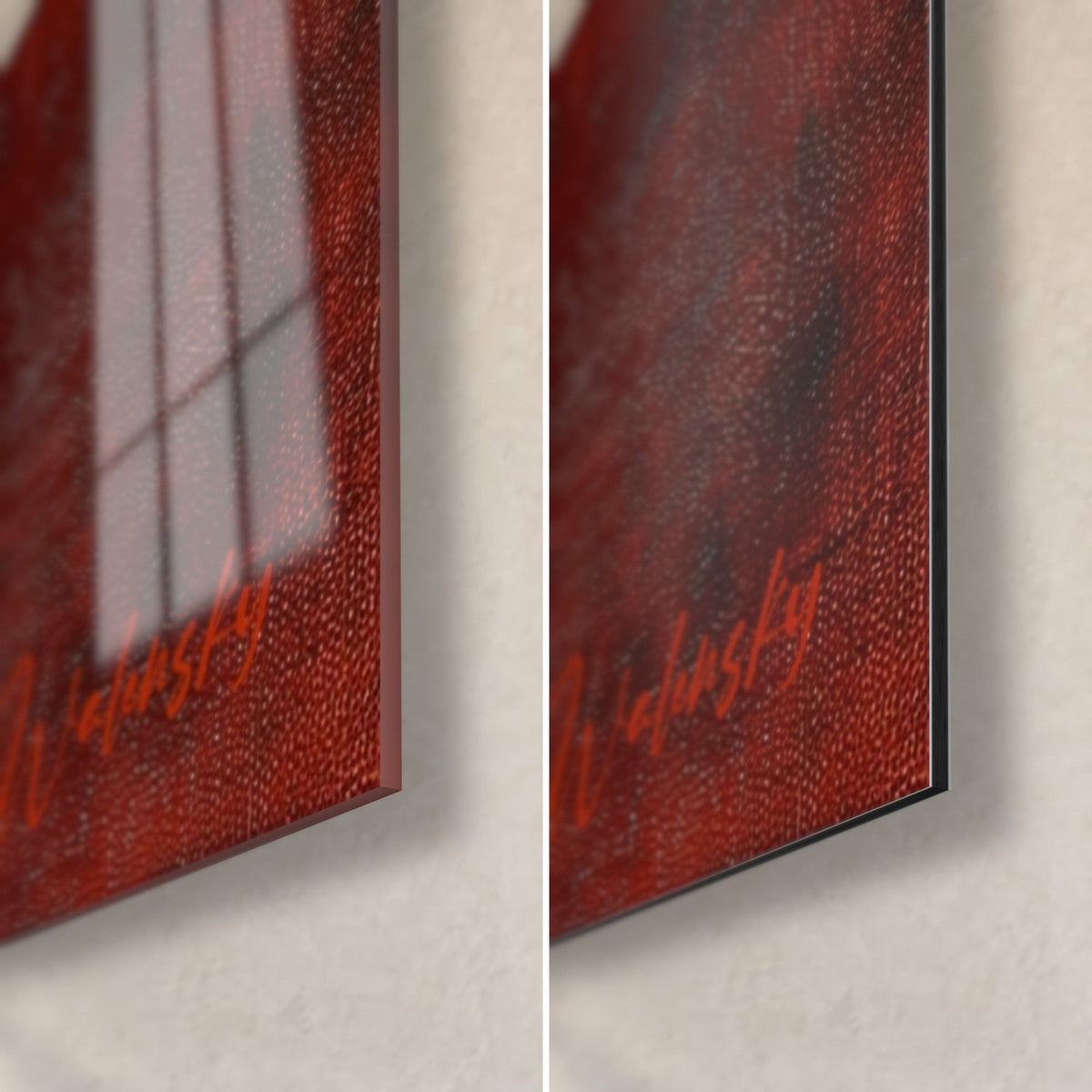 Wall art white dove flying over brick red, bottom right corner: glossy acrylic glass and matte black Dibond, 3 mm edge