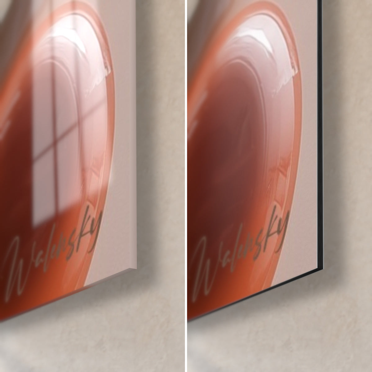 Gemälde mit transluzenter orangefarbener Kugel, untere rechte Ecke: glänzendes Acrylglas links, matincludiertes Dibond rechts, 3 mm Stärke