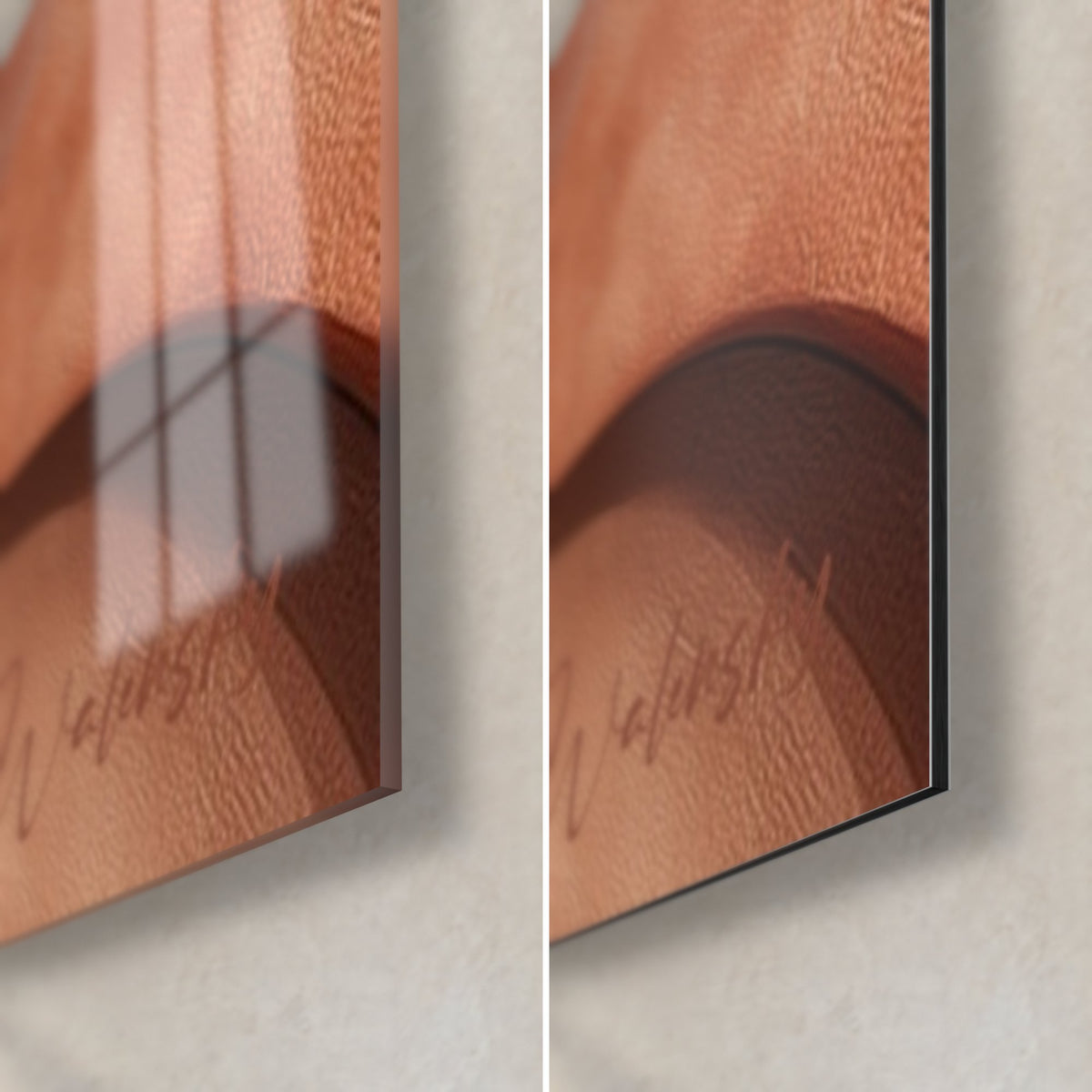 Wall art terracotta and sand reliefs, lower right corner in glossy glass reflecting the window and matte Dibond, 3 mm thick