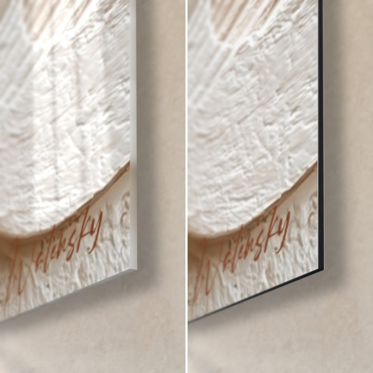 Tableau arche sculpturale beige et brique, coin bas droit en verre brillant à gauche et alu Dibond mat à droite, tranche de 3 mm