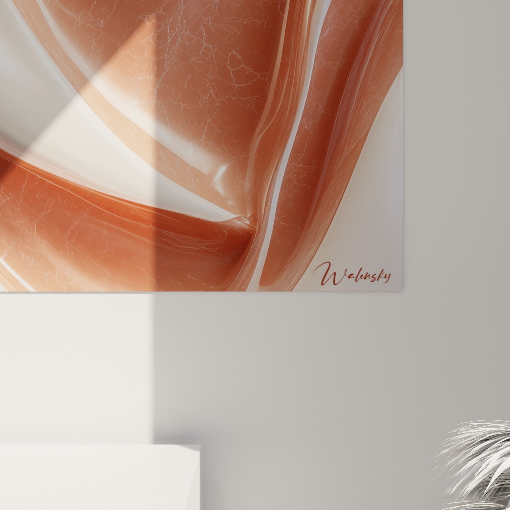 Grain lisse et veinures fines entre terracotta profond et blanc nacré à la surface de l'œuvre