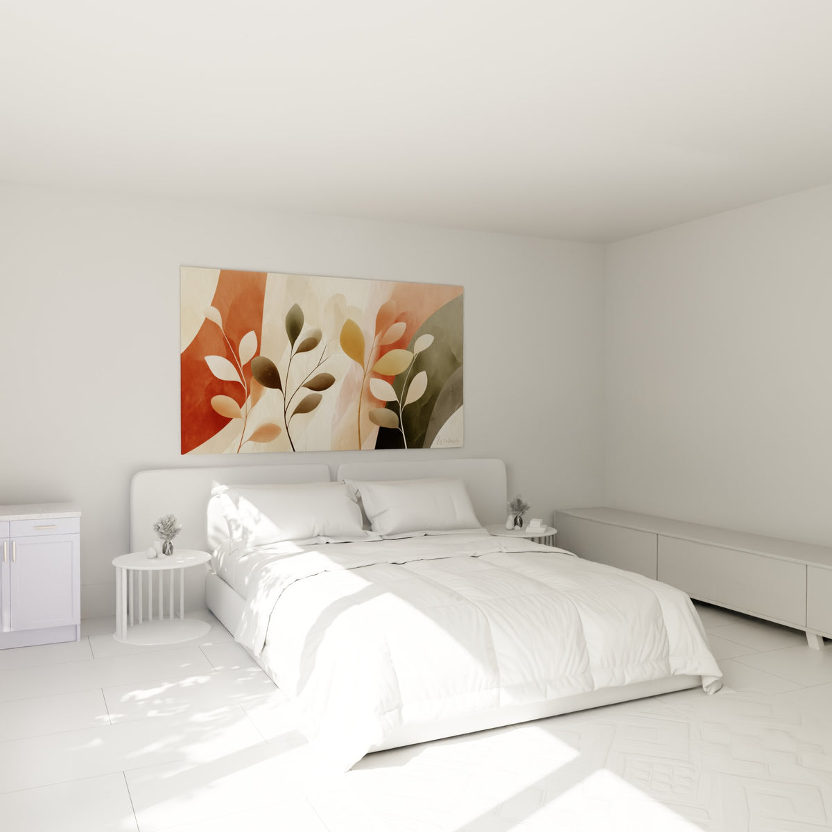 Feuillages ocre et anthracite terracotta accrochés au-dessus d'un lit dans une chambre claire