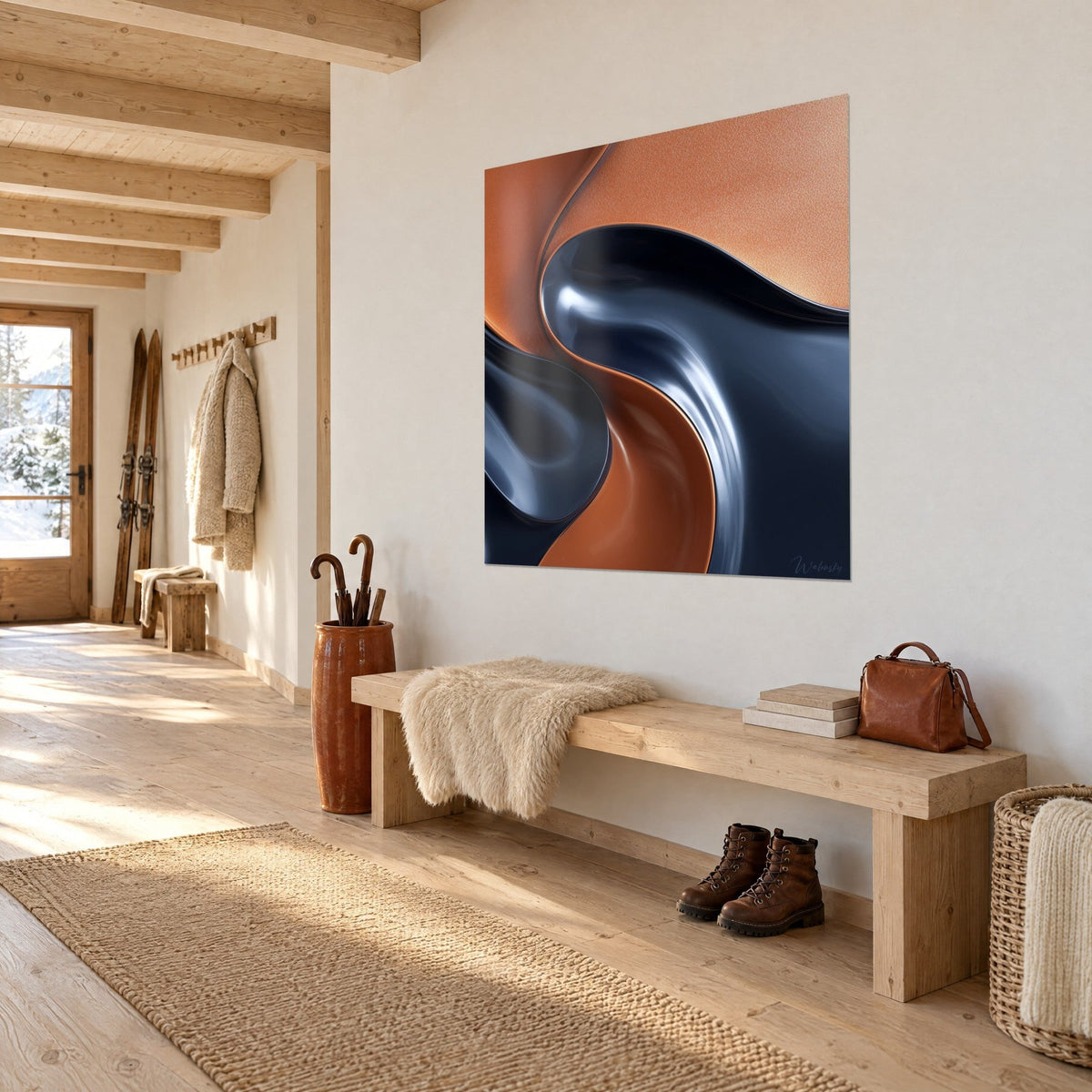 Quadro ondulazioni laccate in arancio ramato e antracite lucido, visto di tre quarti su una parete bianca d'ingresso di chalet