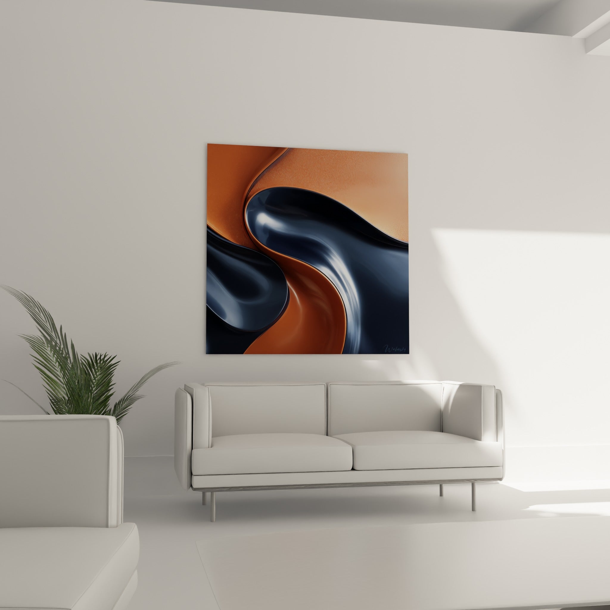 Torsion abstraite terracotta et noir profond accrochée au-dessus d'un canapé dans un salon lumineux