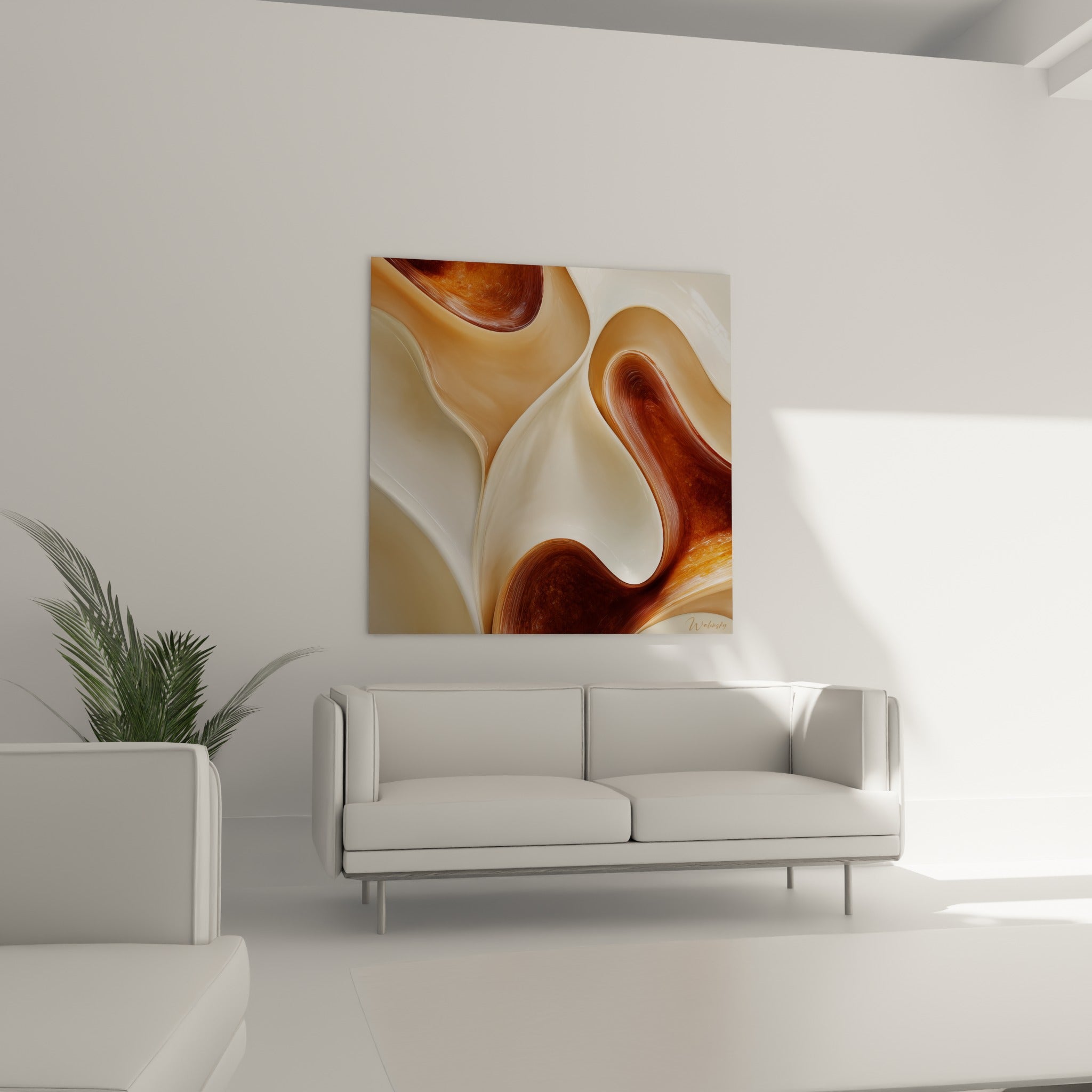 Torsions crème et brun cuivré à l'aspect glacé, tableau Terracotta au-dessus d'un canapé dans un salon lumineux.