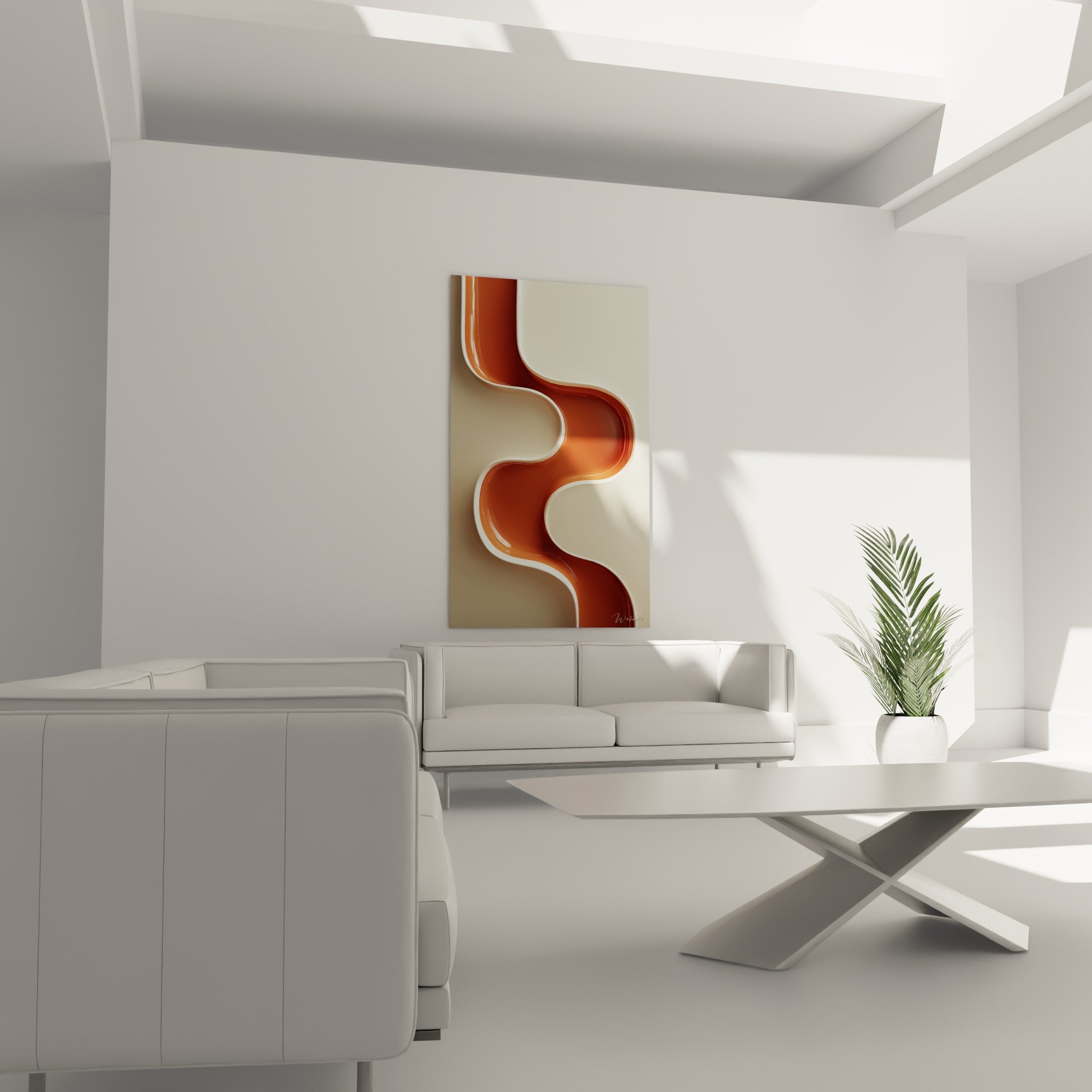 Vague terracotta lumineuse aux reflets brillants sur fond beige, disposée au-dessus d'un canapé dans un salon lumineux