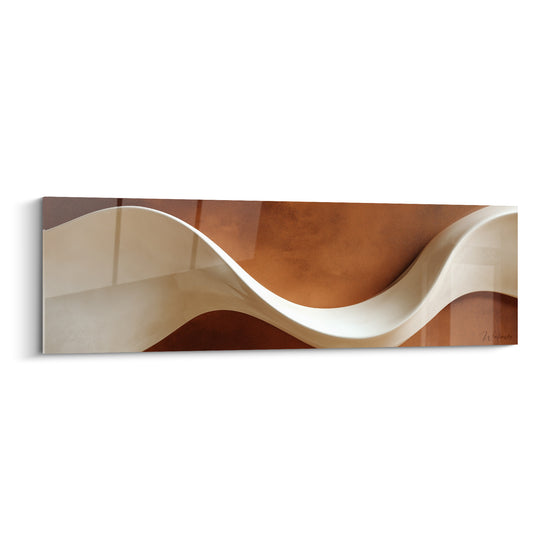 Vague ivoire ondulant sur fond terracotta et brun, courbe sculpturale lumineuse en gros plan pictural.