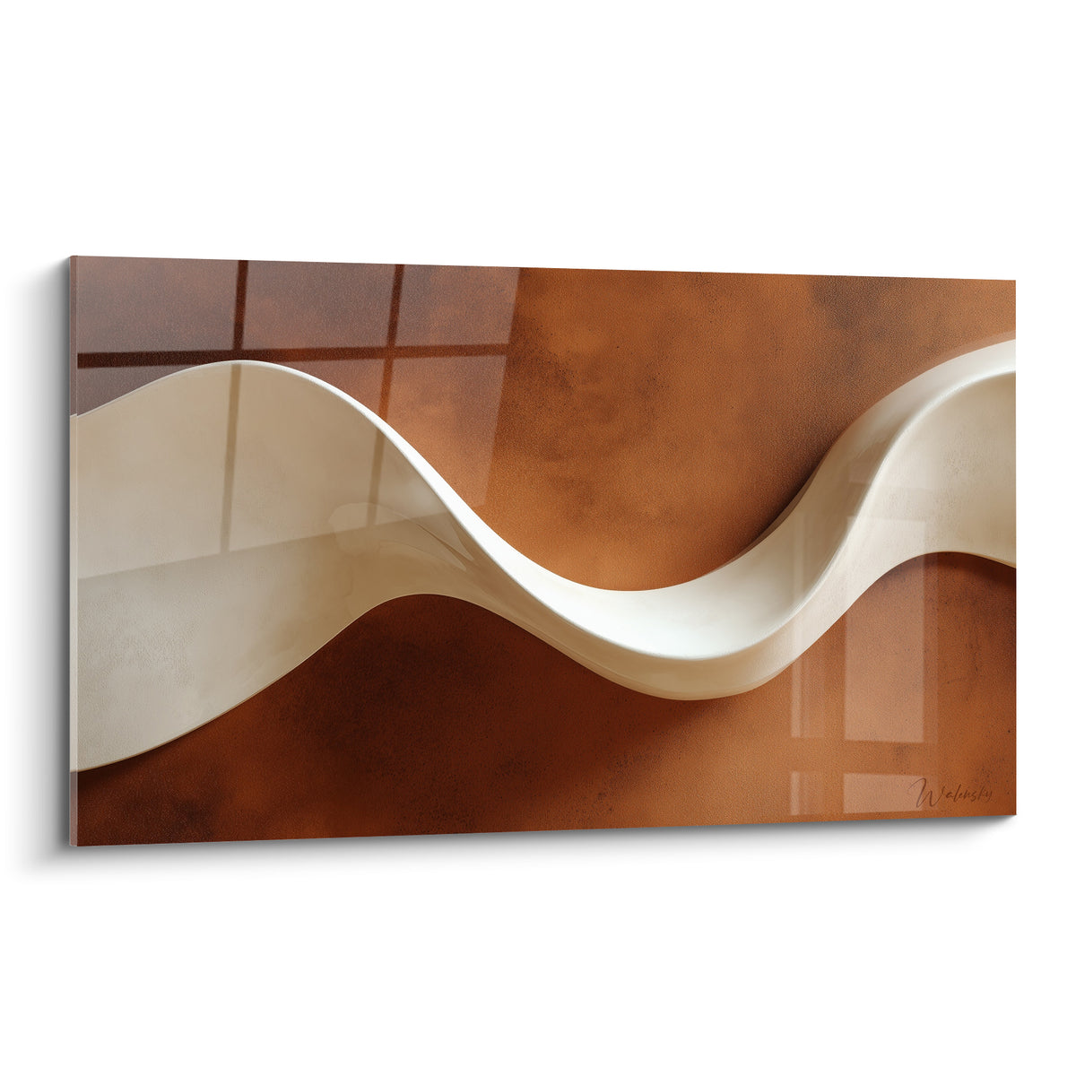 Vague ivoire sculptée sur fond terracotta et brun cuivré, courbes lisses et texture minérale patinée