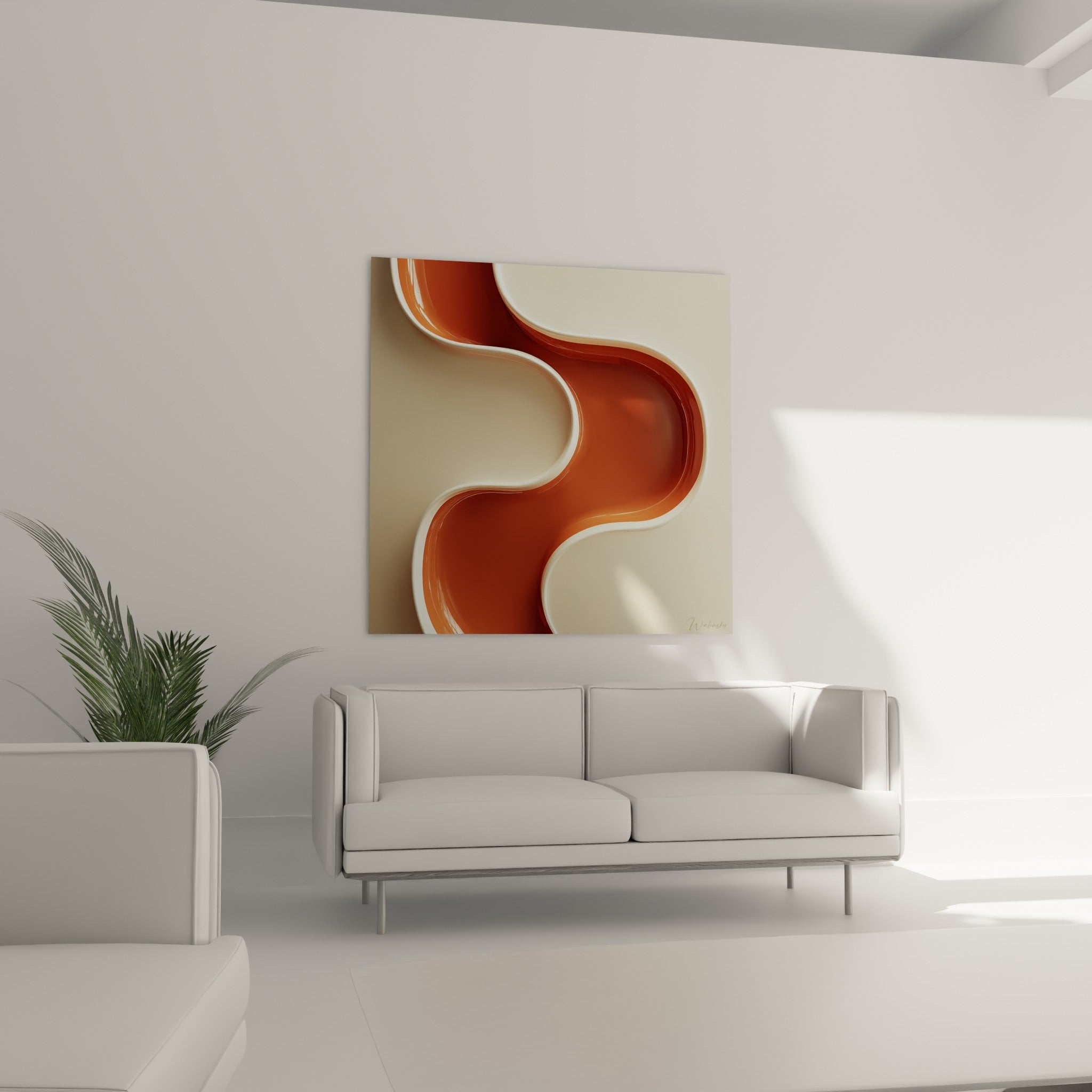 Vague terracotta et blanc nacré aux reflets brillants, accrochée au-dessus d'un canapé dans un salon lumineux