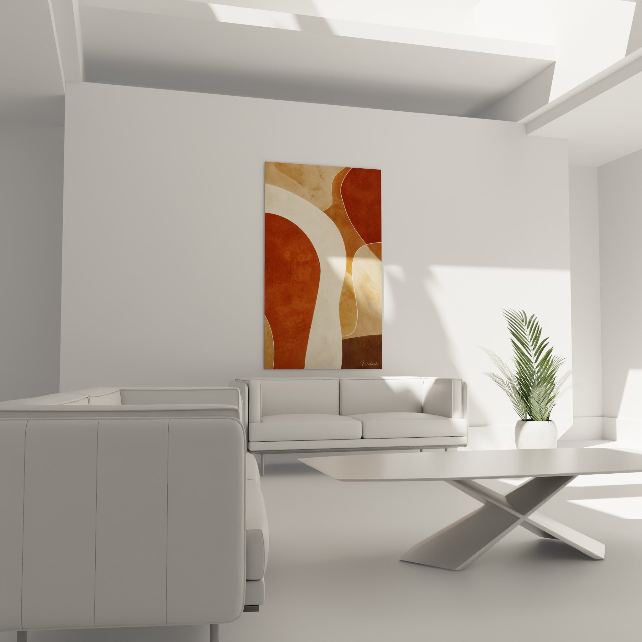 Vagues abstraites brique et crème composent la toile placée au-dessus d'un canapé dans un salon lumineux.