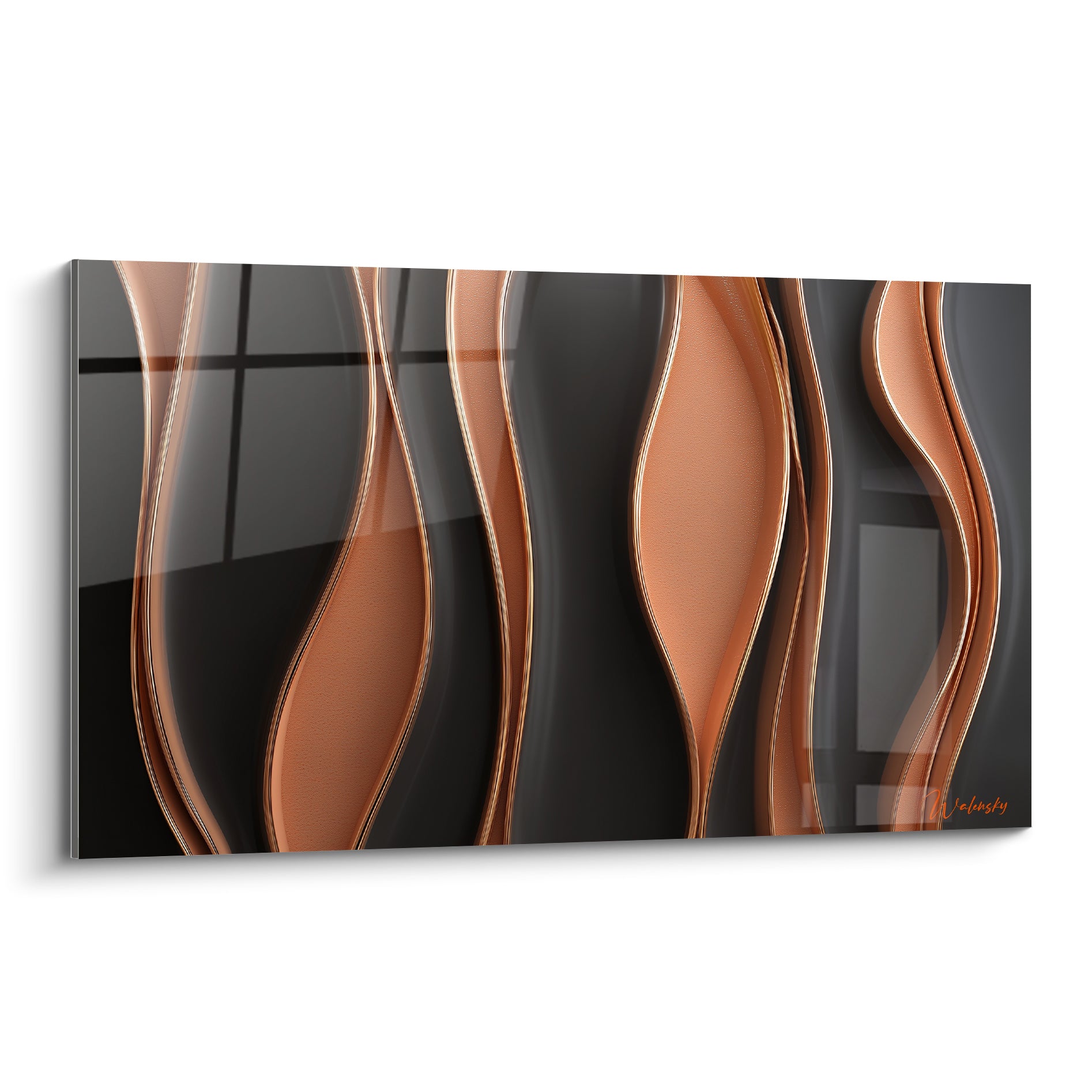 Courbes sinueuses terracotta et anthracite en relief métallique, composition abstraite verticale et fluide