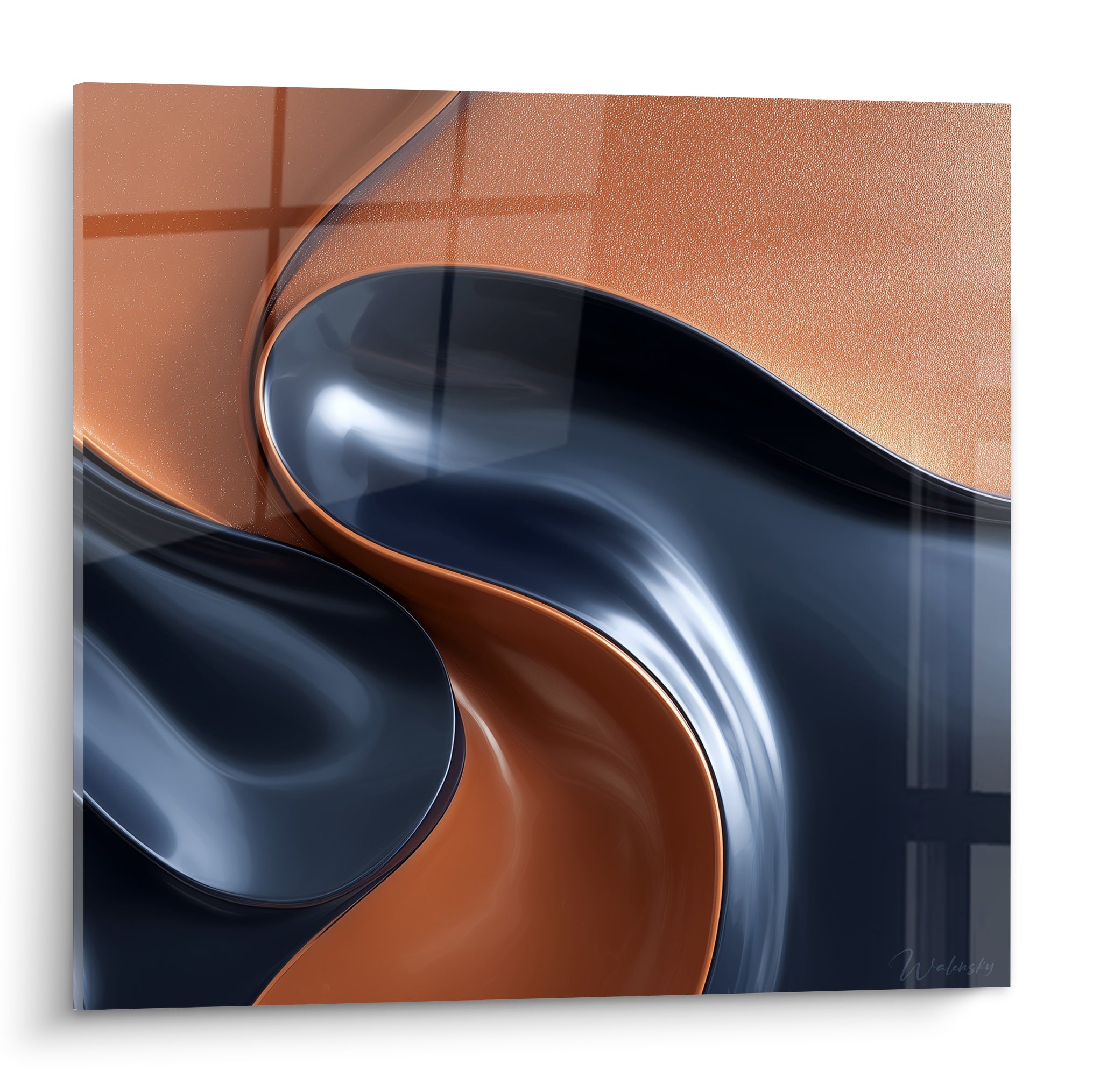 Courbes fluides terracotta et anthracite entrelacées, reflets brillants sur surface lisse et sculpturale