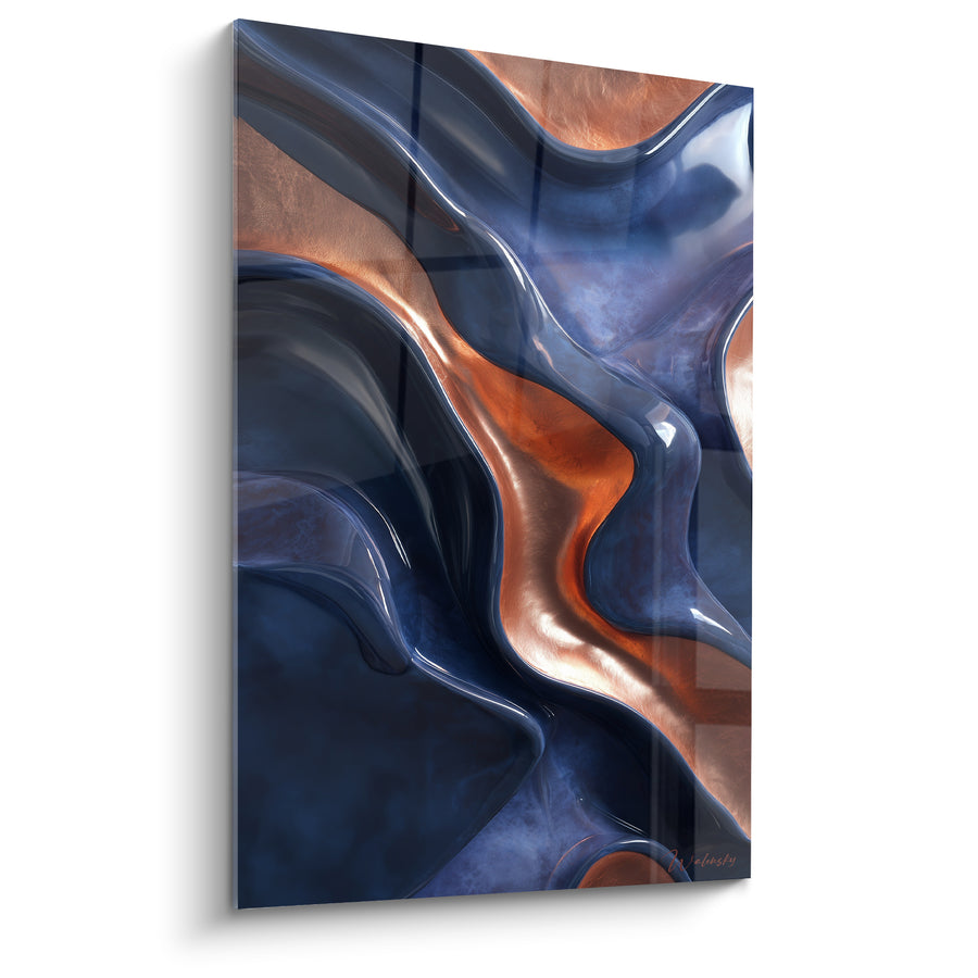 Tableau Vagues sculptées bleu marine et cuivre entrelacées - Reflets métalliques liquides - Edition Terracotta
