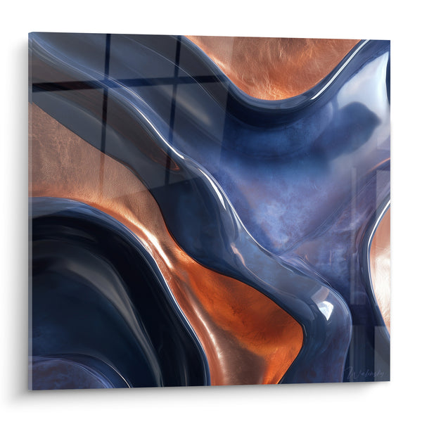Tableau Vagues fluides bleu marine et cuivre - Fusion des matières - Edition Terracotta