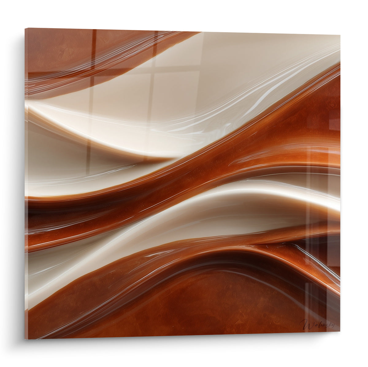 Vagues terracotta et crème fluides se croisent en diagonale sur ce tableau abstrait brillant
