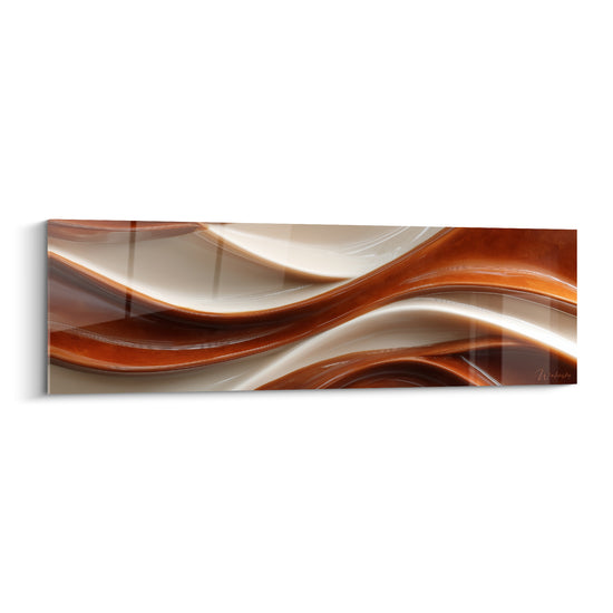Vagues fluides terracotta et ivoire entrelacées en mouvement sinueux, effet de matière vitrifiée brillante.