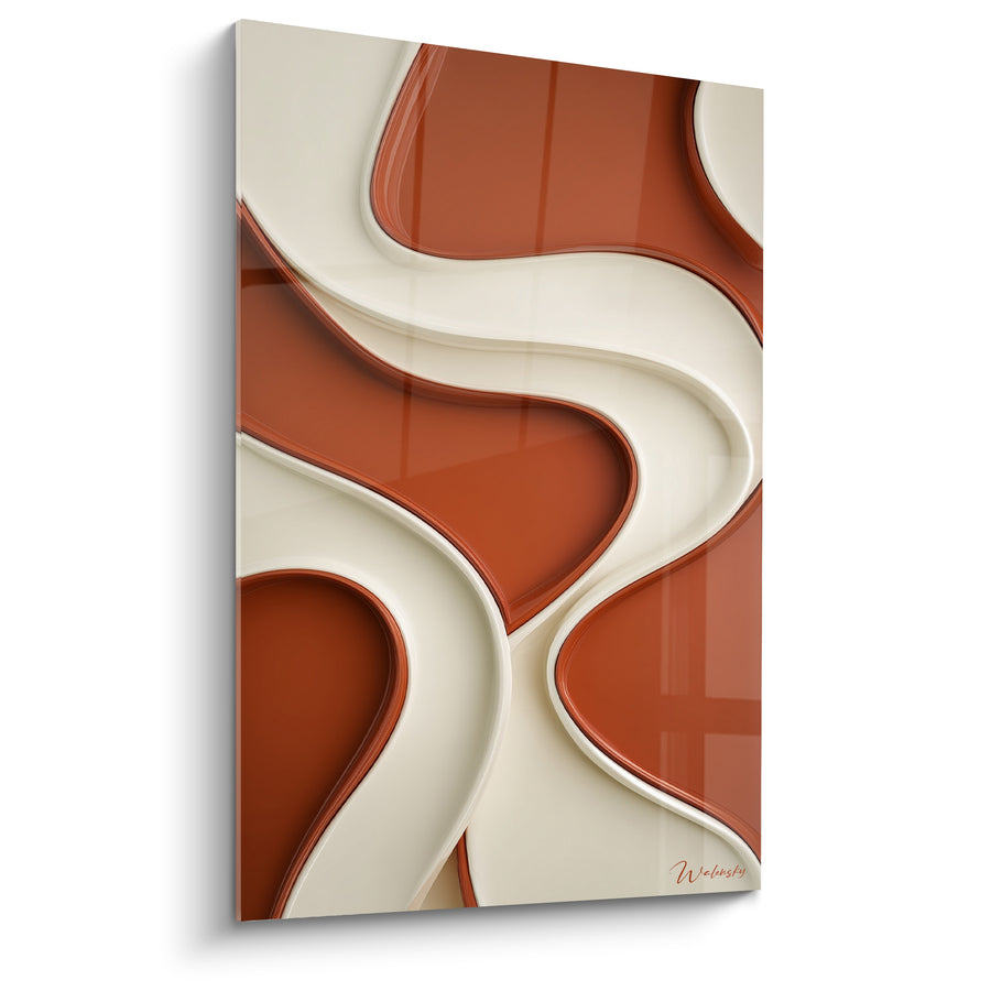 Tableau Vagues sculptées brique et crème entrelacées - Reliefs laqués sinueux - Edition Terracotta