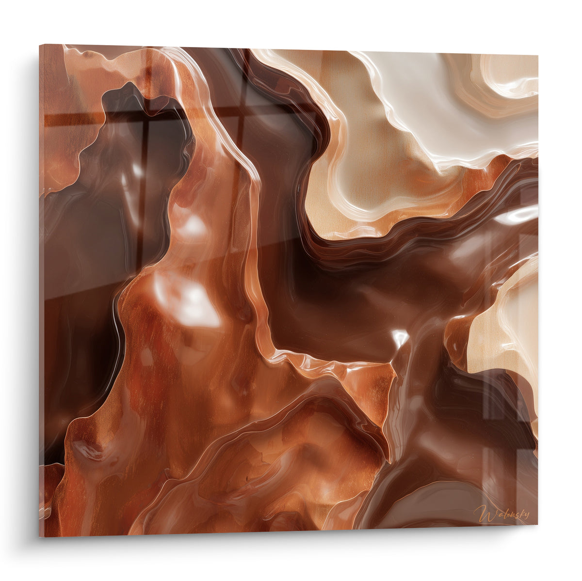Tableau Terracotta aux vagues brun cuivré et ivoire, courbes fluides et reflets glacés dominants