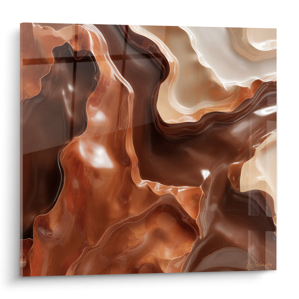 Tableau Coulures marbrées brun et crème sinueuses - Reflets glacés fluides - Edition Terracotta