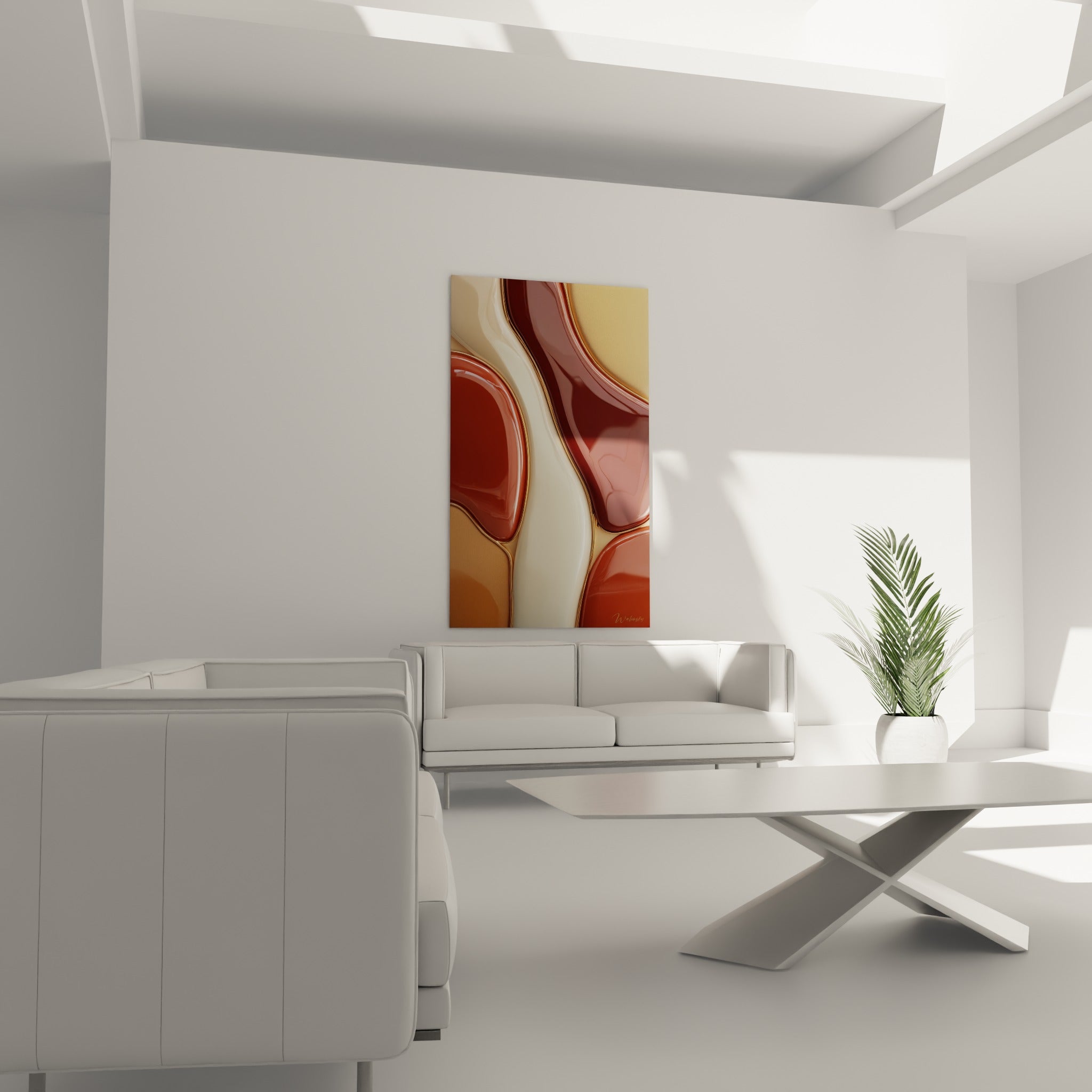 Vagues sculptées brun profond et ocre cuivré à liseré doré, tableau suspendu au-dessus d'un canapé dans un salon lumineux