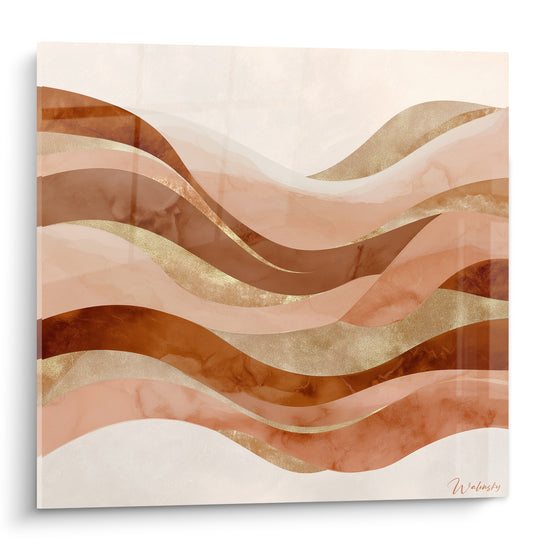 Vagues ondulantes terracotta et brun doré traversant un fond beige clair sur ce tableau abstrait