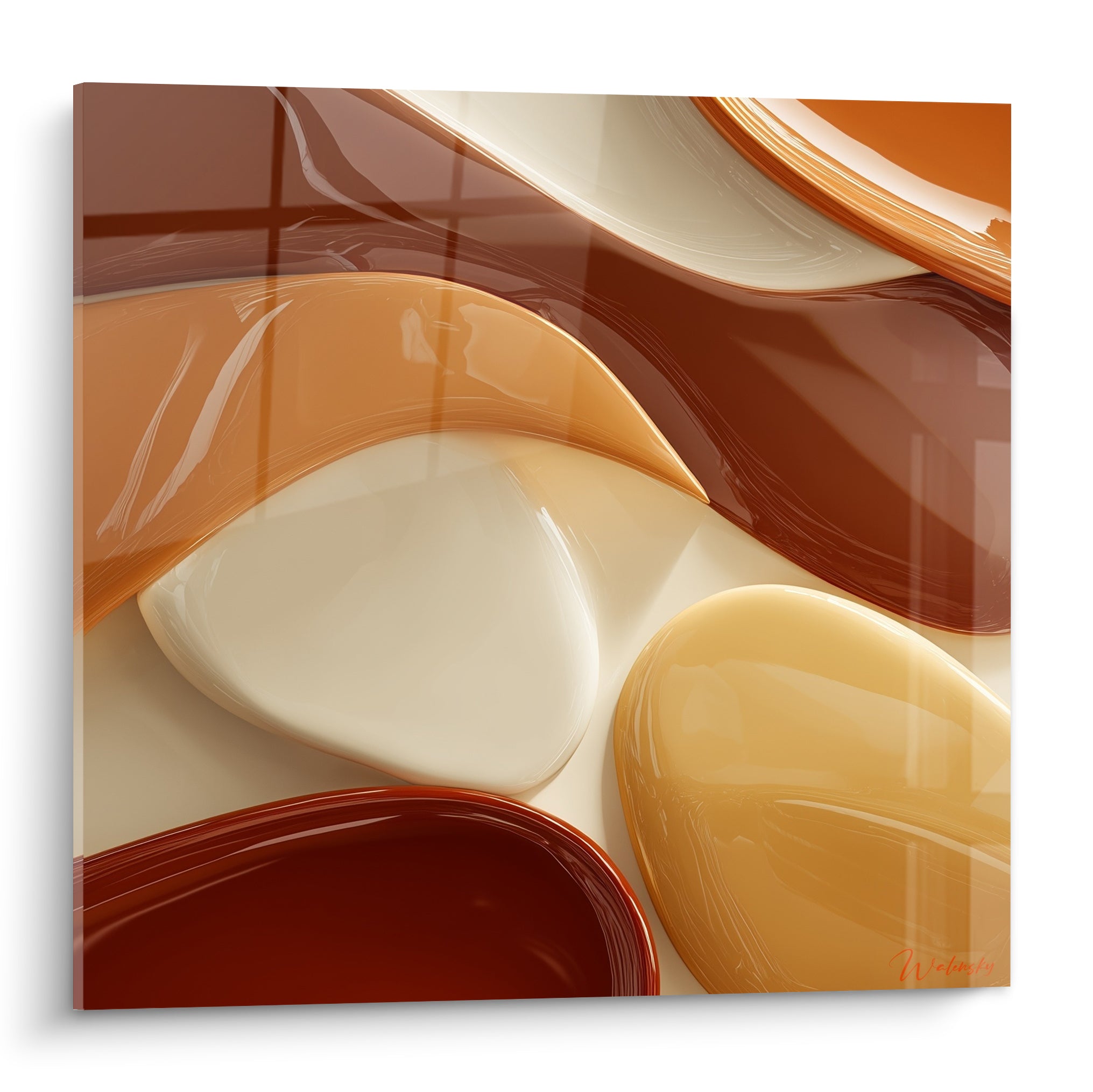 Formes fluides terracotta en brun profond et ivoire, courbes lisses et brillantes évoquant une matière fondue