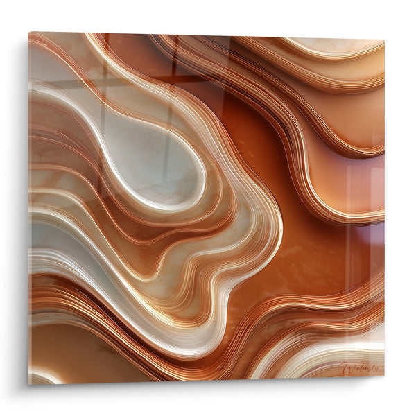 Tableau Vagues sinueuses cuivre et blanc marbré - Coulée figée - Edition Terracotta