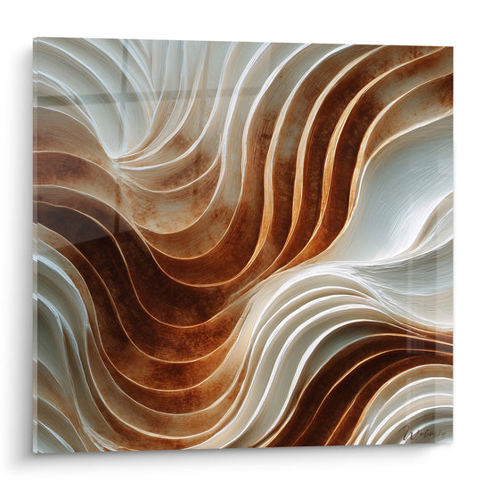 Vagues sculptées blanc crème et cuivre ondulant en diagonale, texture relief abstraite terracotta