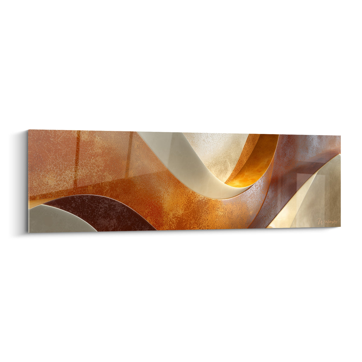 Vagues abstraites terracotta et ivoire aux textures cuivrées et reflets dorés en plein cadre