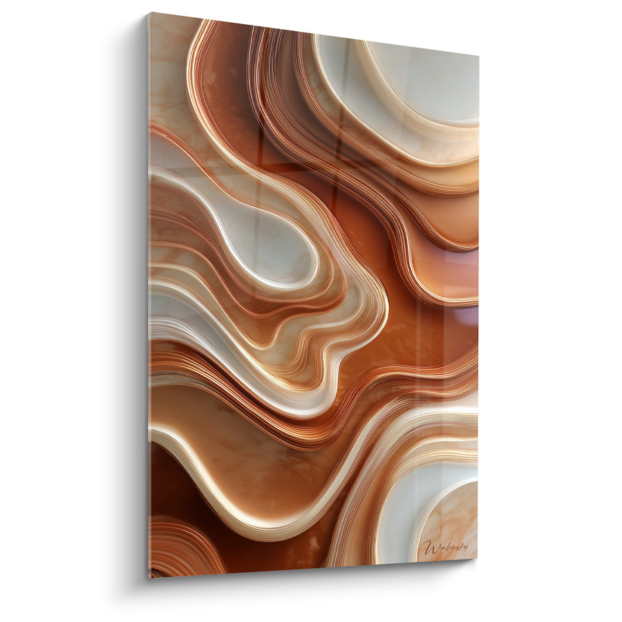 Tableau Vagues sinueuses cuivre et blanc marbrées - Lignes concentriques tourbillonnantes - Edition Terracotta