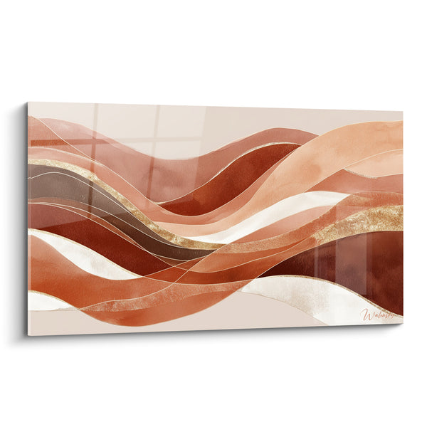 Tableau Vagues fluides brique et brun aux fils dorés - Filaments entrelacés lumineux - Edition Terracotta