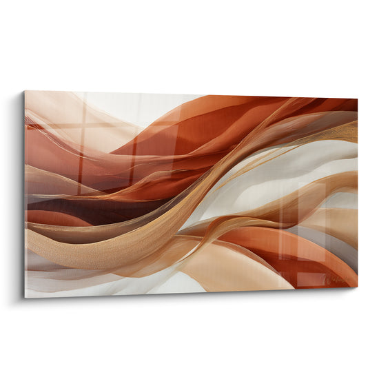 Vagues terracotta et dorées ondulant en diagonale sur fond beige clair, composition abstraite fluide