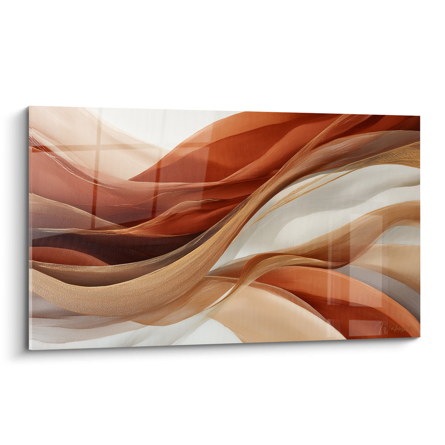 Tableau Vagues drapées brique et dorées entrelacées - Ruban entrelacé lumineux - Edition Terracotta