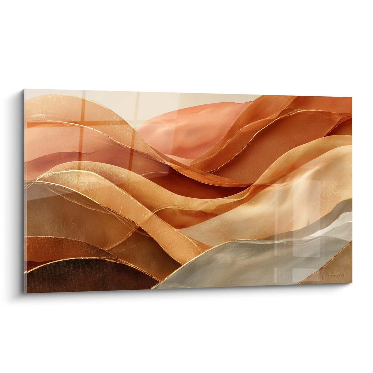 Vagues terracotta et dorées ondulant en dégradé, texture soyeuse et liserés métalliques brillants