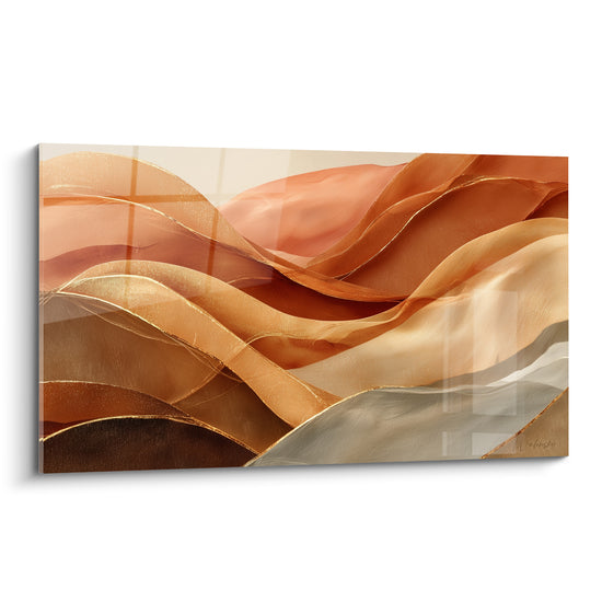 Vagues terracotta et dorées ondulant en dégradé, texture soyeuse et liserés métalliques brillants