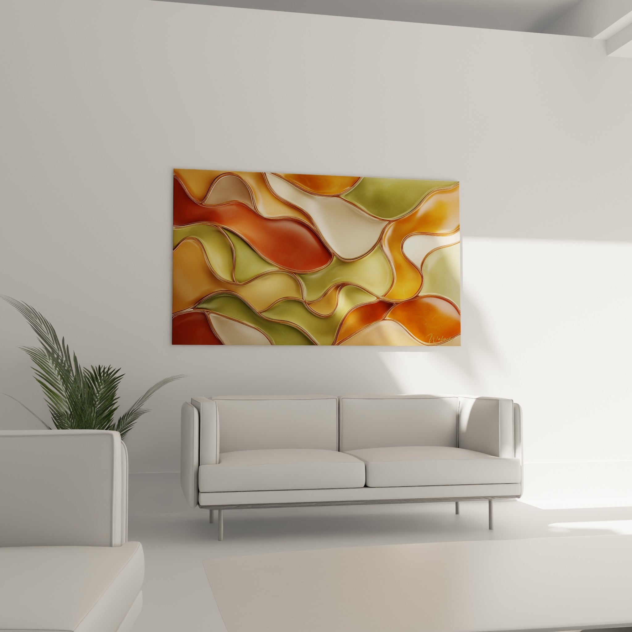 Vagues colorées terracotta et vert sauge à l'aspect brillant, au-dessus d'un canapé dans un salon lumineux