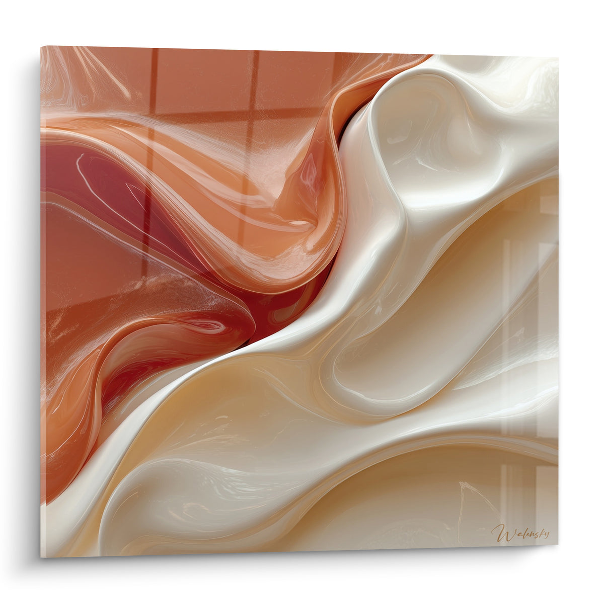Vagues fluides terracotta et crème entrelacées, matière lisse et brillante aux reflets satinés