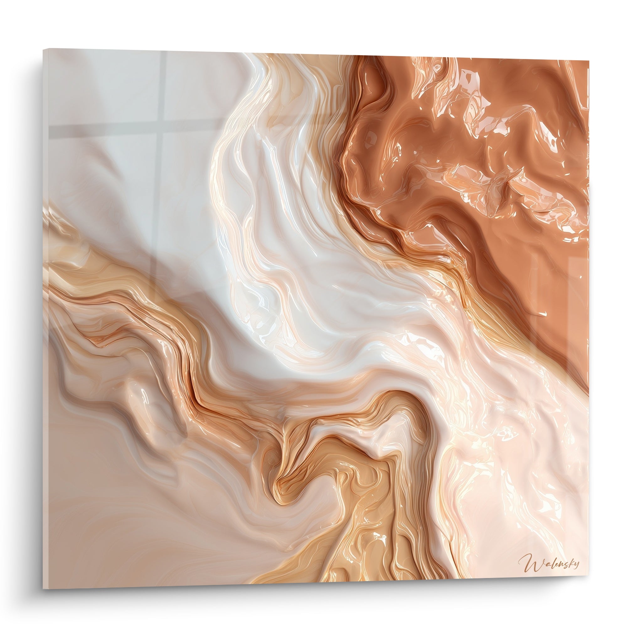 Vagues fluides terracotta et blanc nacré se mêlant en volutes marbrées, effet liquide brillant