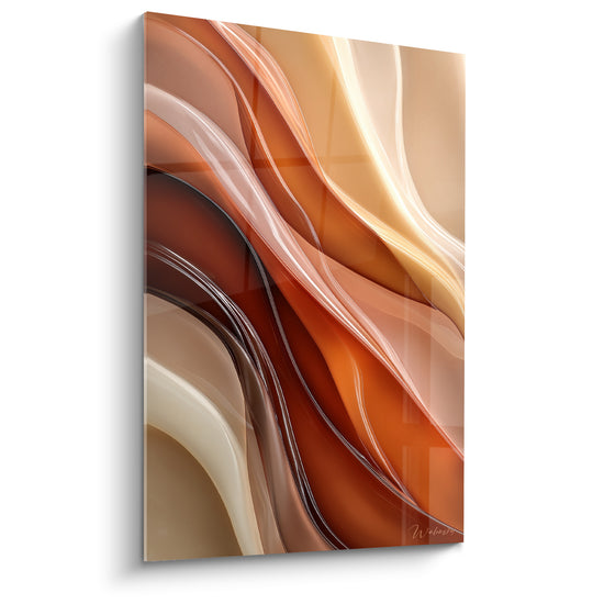 Vagues terracotta et crème aux reflets brillants se déploient en diagonale sur une toile abstraite lumineuse