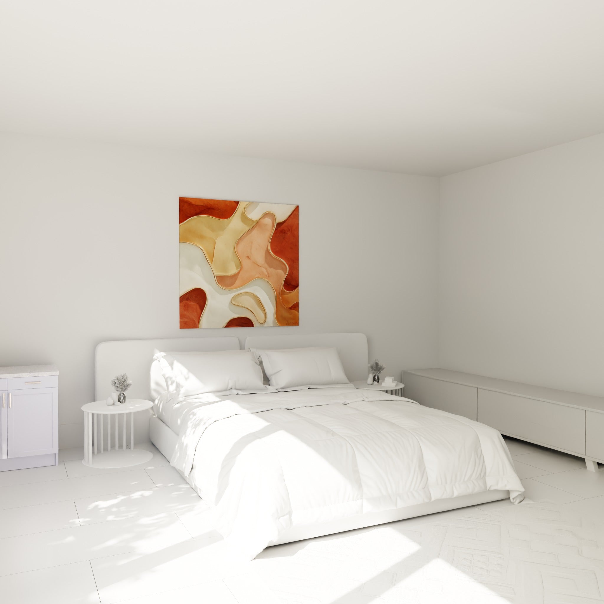 Vagues cuivrées et beige aux contours dorés d'un tableau terracotta au-dessus d'un lit dans une chambre claire