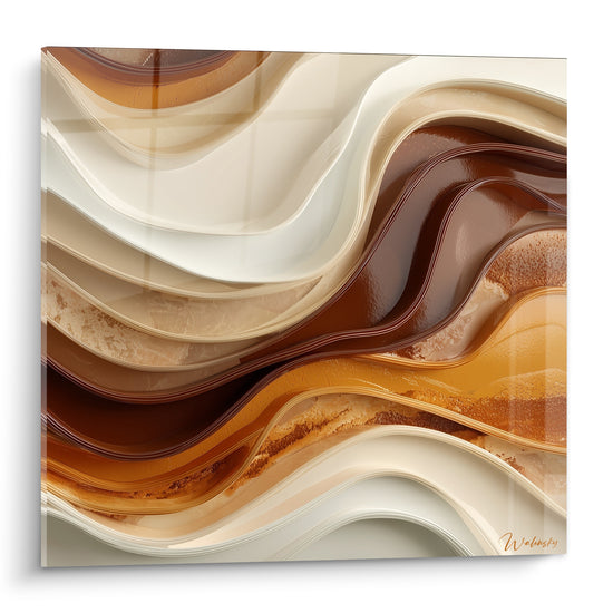 Vagues fluides ivoire et brun terracotta en mouvement continu, texture lisse et brillante