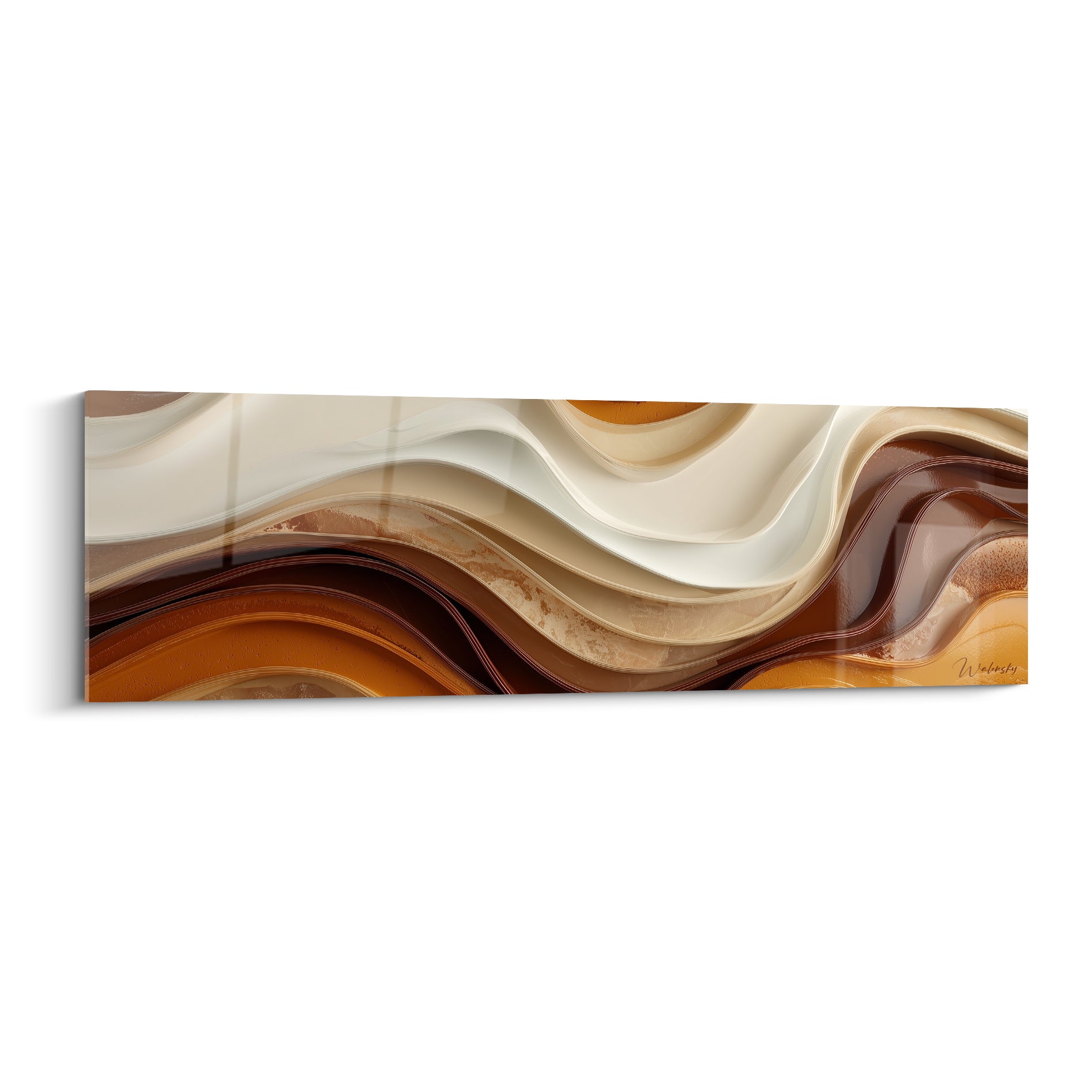 Vagues sinueuses ivoire et brun cuivré évoquant des dunes sculptées, composition abstraite terracotta lumineuse