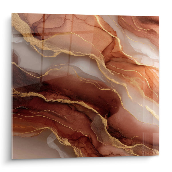 Tableau Marbrures acajou et blanc veinées d'or - Filaments dorés sinueux - Edition Terracotta