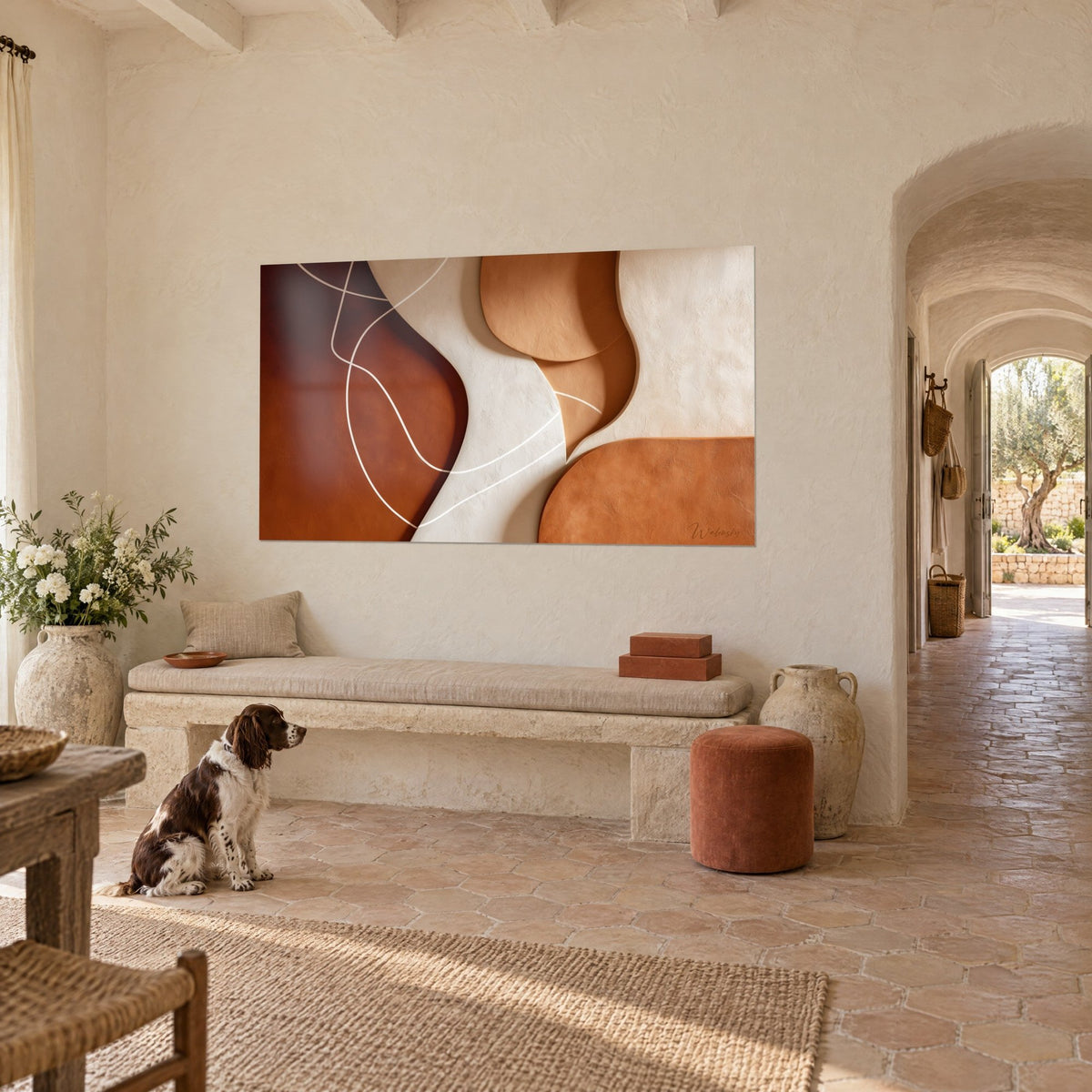 Quadro con ciottoli di gesso in terracotta e avorio, linea bianca sinuosa, parete di casale provenzale, spaniel seduto sulle piastrelle