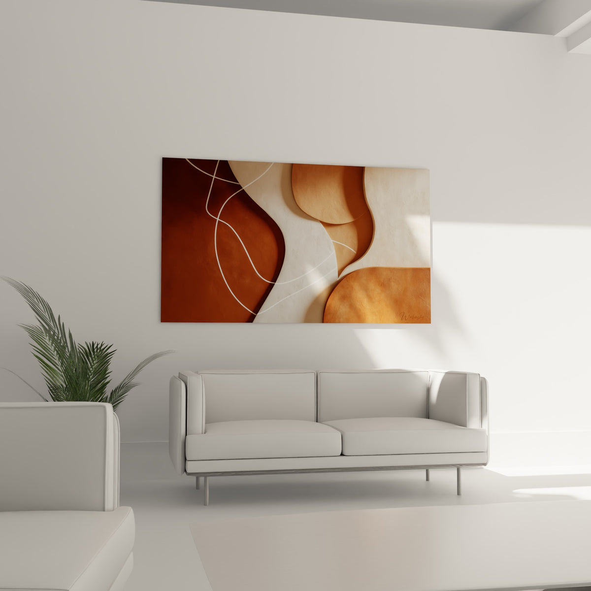Vagues minérales terracotta et brun clair sculptées, œuvre Terracotta au-dessus d'un canapé dans un salon lumineux
