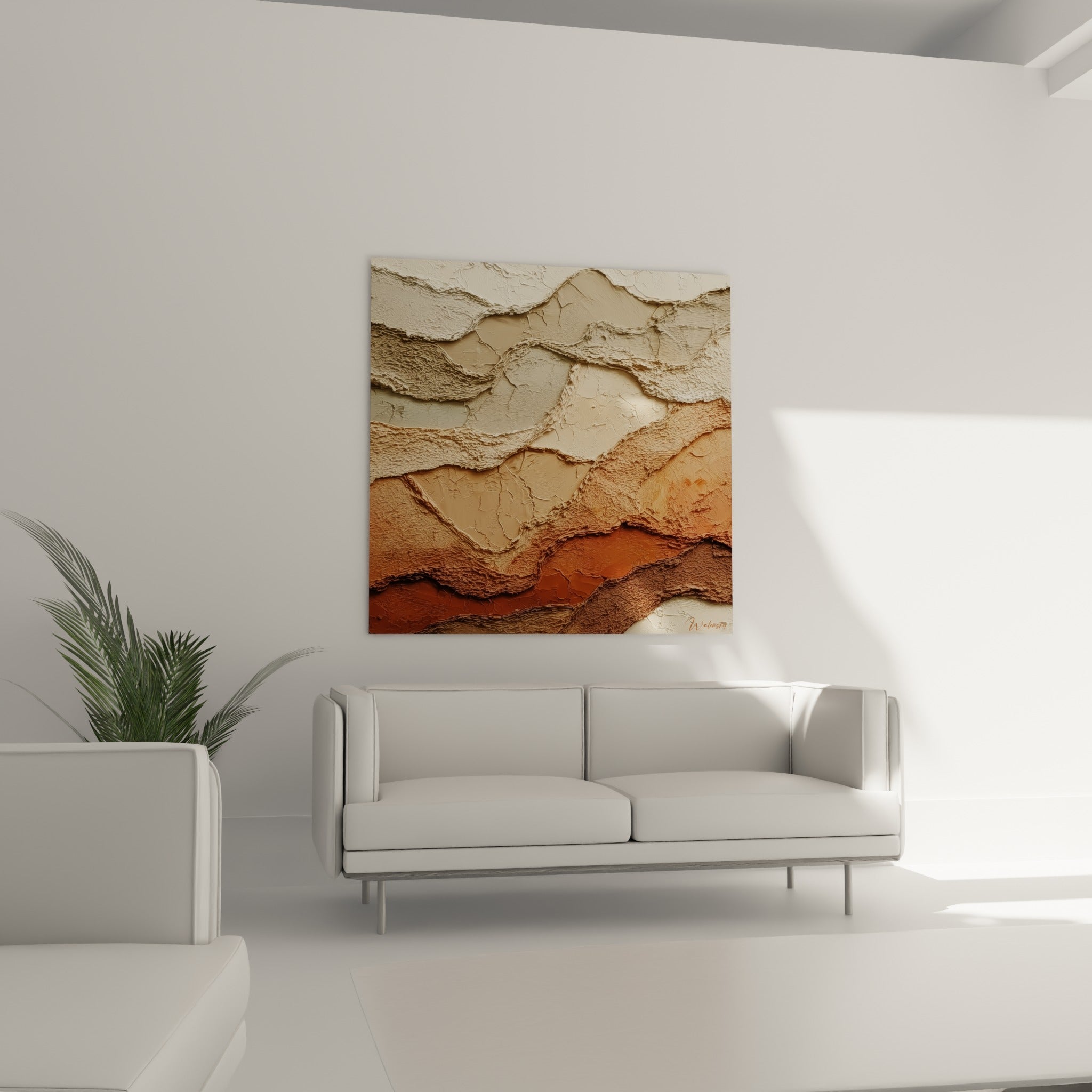 Vagues minérales brun et sable aux reliefs craquelés, accrochées au-dessus d'un canapé dans un salon lumineux