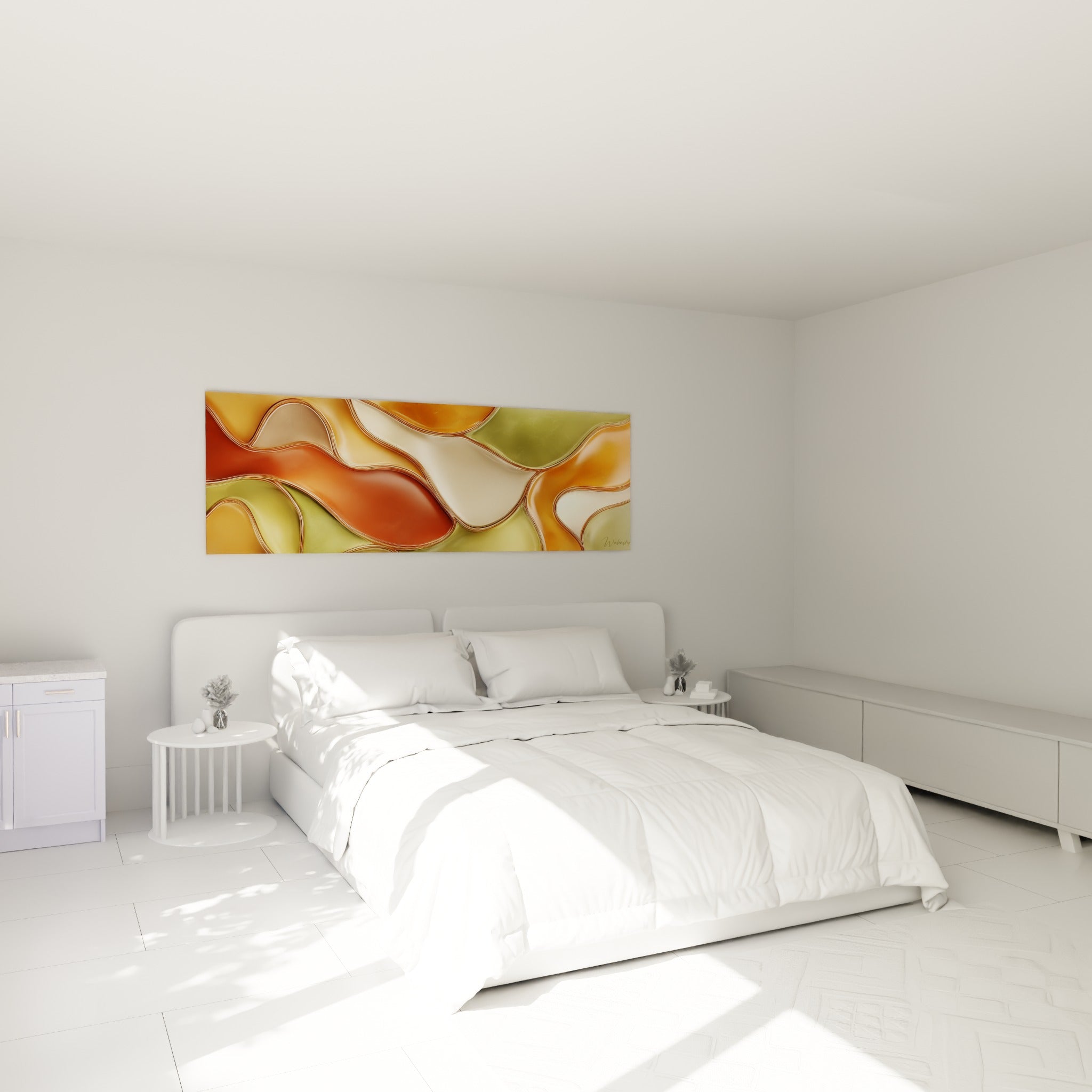 Vagues organiques ocre et crème d'un tableau abstrait au-dessus d'un lit dans une chambre claire