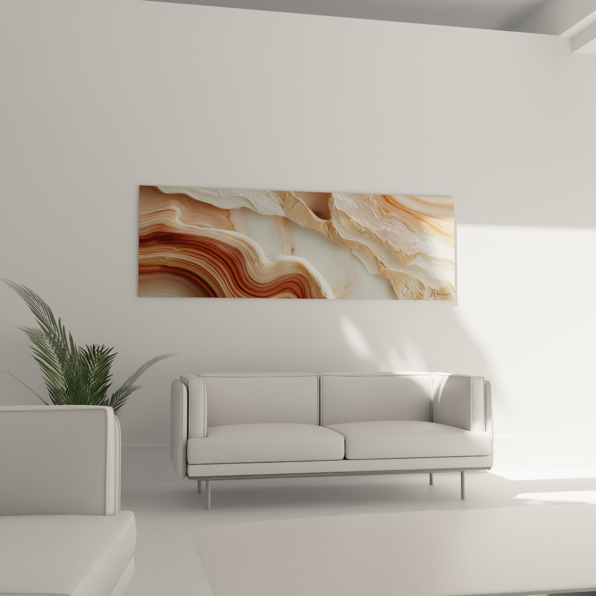 Vagues terracotta et ivoire de cette pierre marbrée suspendues au-dessus d'un canapé dans un salon lumineux.
