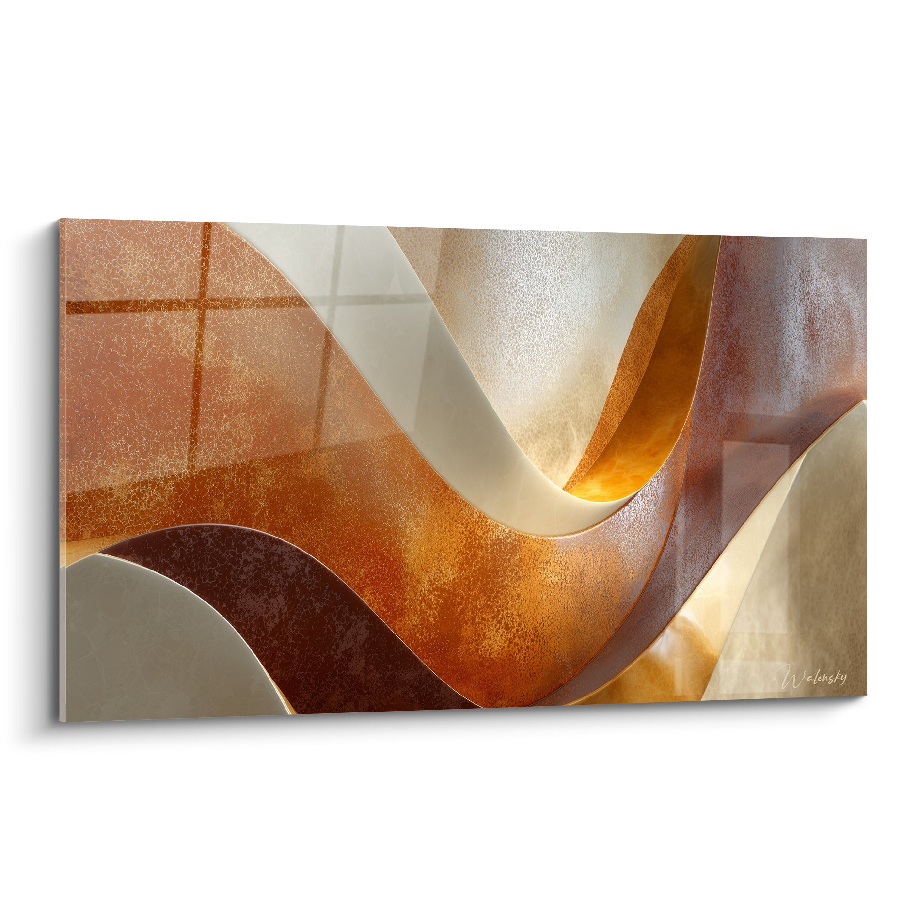 Vagues sculpturales terracotta et crème aux reflets dorés, texture métallique ondulante et profonde